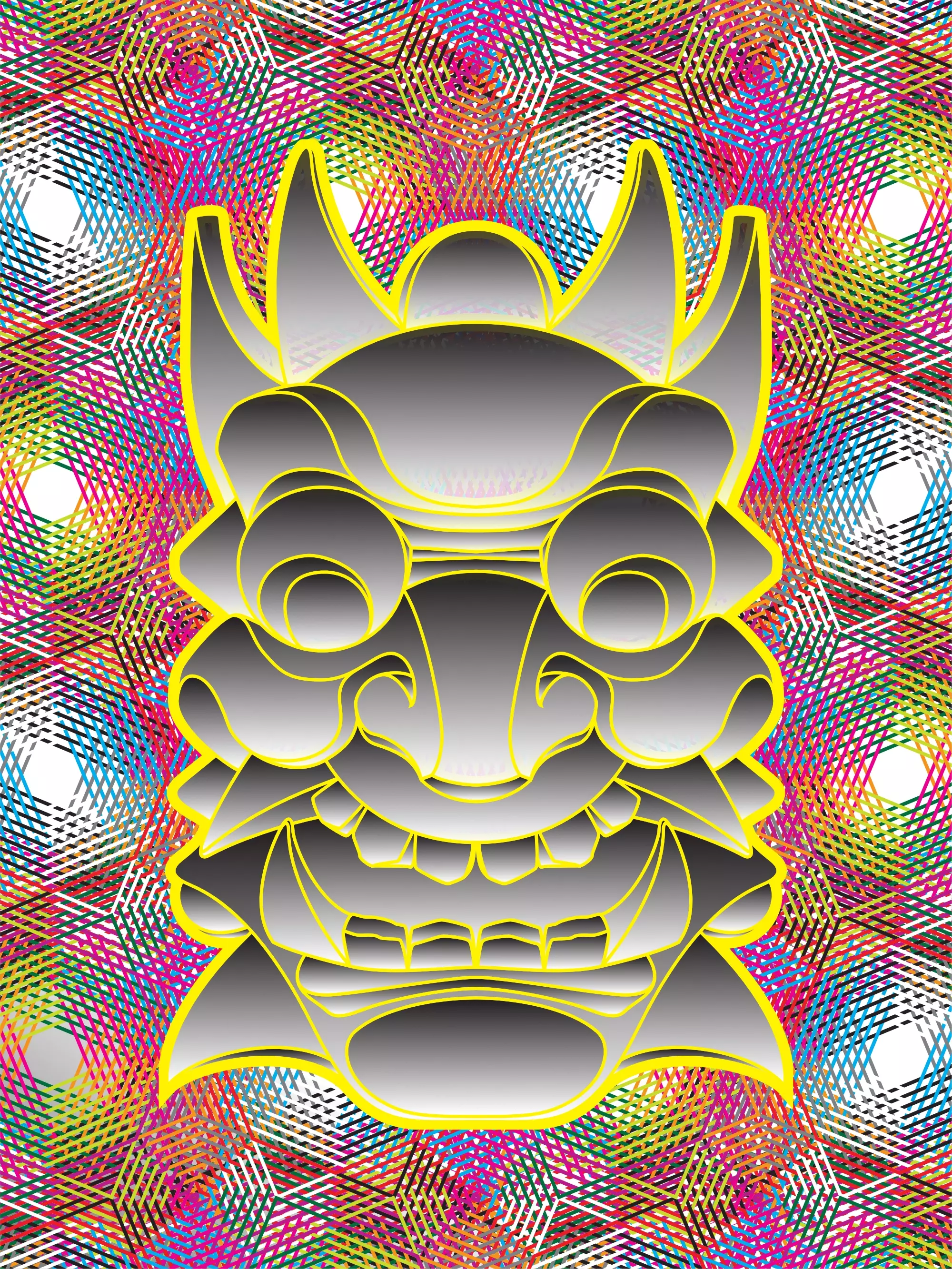 An Oni Daikijin mask over geometric background