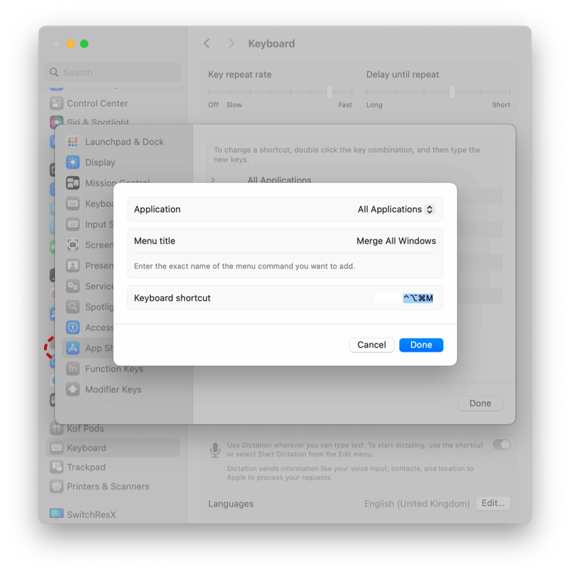 macOS Keyboard Shortcut Manager