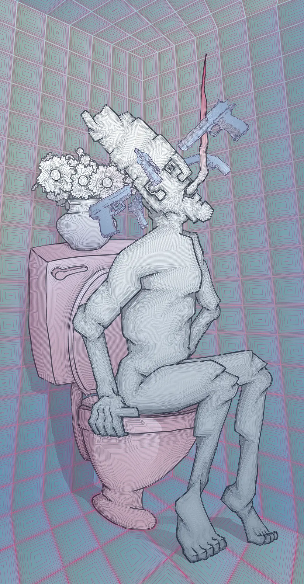 A man defecating on the toilet with a crown of pistols