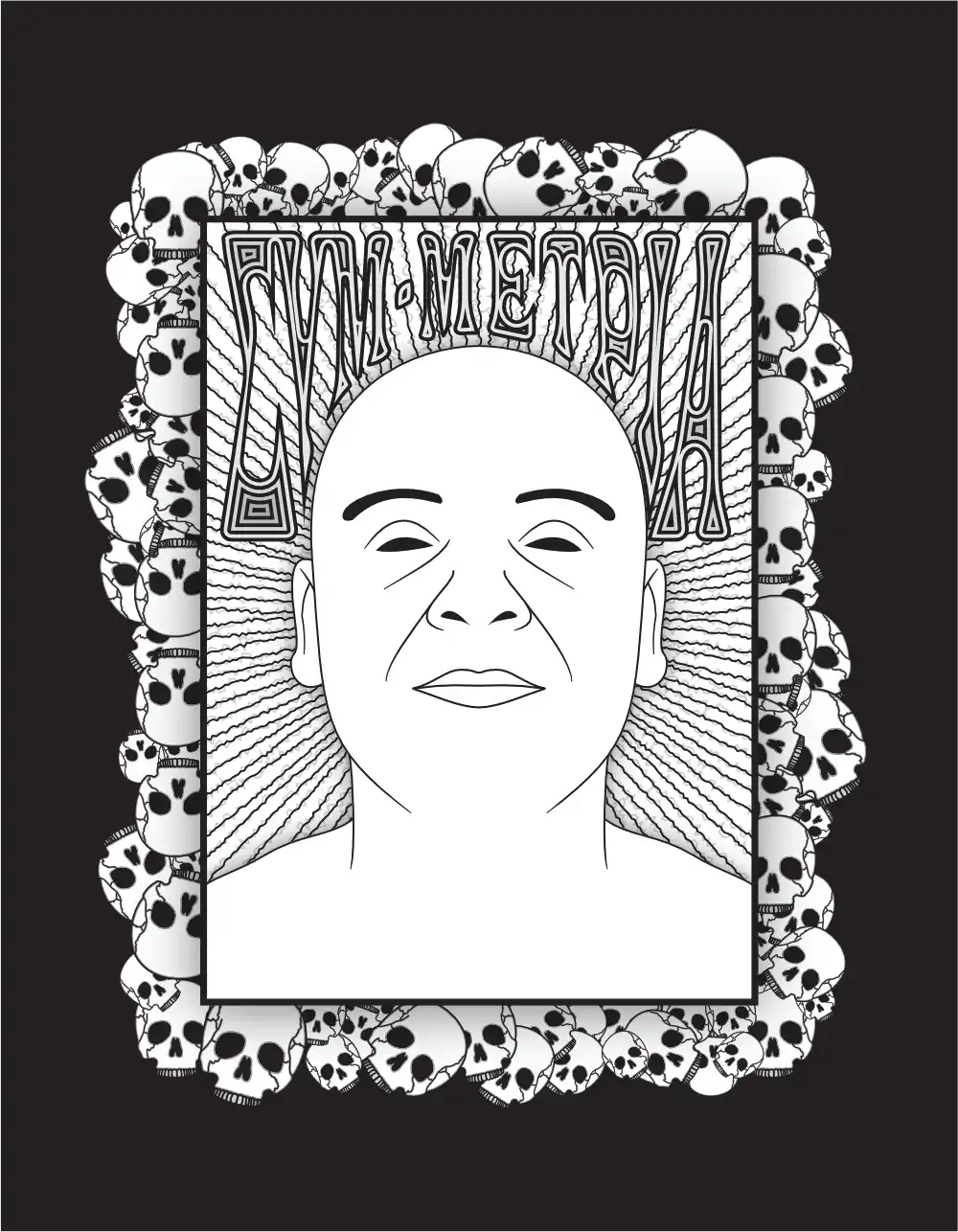 Symmetrical portrait with Greek typography "συμμετρία" and radiating patterns, framed by ornate skull border